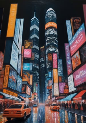 In a mesmerizing time lapse oil painting of colossal proportions, the vivid colors burst forth like the dreams of a neon-lit city. The main subject of this remarkable artwork is a bustling cityscape, awash with vibrant hues that seem to dance and intertwine. From the gleaming skyscrapers to the bustling streets below, every brushstroke is filled with an intoxicating array of vivid pigments. The image is rich in detail, capturing the energy and vibrancy of a pulsating metropolis, and is rendered with such impeccable skill that one can almost feel the electricity in the air. This magnificent painting exudes a sense of liveliness and spectacle, immersing viewers in a world where imagination and reality seamlessly intertwine.