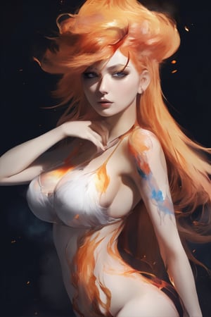 a half body portrait of a woman as made of fire, dark orange hair depicting like fiery flames,((big breasts)) orange and blue flame, dark smoke in the backgrouns, fiery sparks all over, D&D, Diablo, natural body posture, lava, Art by Alberto Seveso, by Carne Griffiths, by Wadim Kashin, by jean baptiste monge, symmetrical, abstract artstyle, intricate complex watercolor painting, sharp eyes, digital painting, color explosion, concept art, voluminetric lighting, metallic reflections, by TanvirTamim, 2d render, 8k. by artgerm, trending on artstation
