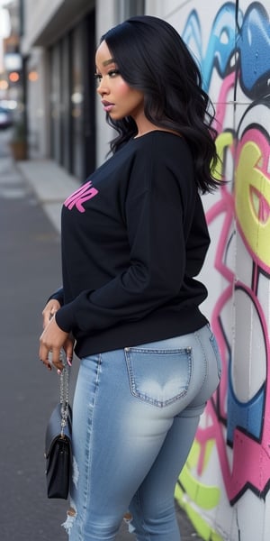 a woman standing in a room holding a purse, inspired by Briana Mora, instagram, graffiti, nicki minaj curvy, wearing a dark shirt and jeans, blue sweater, frontal pose, black outline, black black black woman, queen, real life size, wearing sweatshirt, side pose, thot, image, profile pic, satisfied pose, profile image, jeans and t shirt