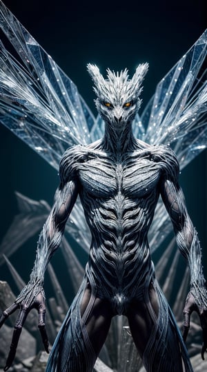 In a bewildering dystopian crystal crawler, a creature with an intricate body made entirely of shimmering crystalline structures navigates through a desolate landscape. The portrait panoramic photograph portrays this otherworldly being in exquisite detail, capturing every facet of its translucent body that refracts light with an ethereal glow. The image showcases the creature's multi-jointed limbs gracefully skimming the ground, an eerie contrast to its jagged and fragmented appearance. The high-resolution capture allows viewers to appreciate the astonishing craftsmanship of the crystals, conveying a sense of enchantment despite the post-apocalyptic aura that surrounds the scene.