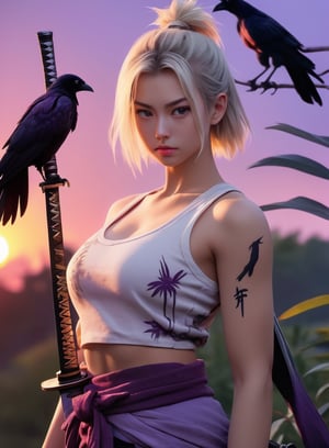 samurai, sword, sunset, very detailed, purple and shadow, crows, no face a woman in a white tank top posing for a picture, dating app icon, lot of exotic vegetation, tiktok video, blonde woman, commercial banner, russian academic, lady dimitrescu, extreme lifelike, overlay, call now, big bust, many hearts, hololive, [ [ soft ] ]