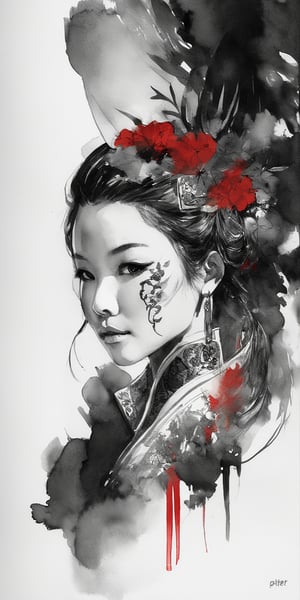 zoomed out Ink drawing of Vietnamese head lady, moden ao Dai, Peter Draws, digital illustration, comic style, Dong Son drum patterns background, black and white contrast.perfect anatomy, centered, dynamic, highly detailed, watercolor painting, artstation, concept art, smooth, sharp focus, illustration, art by Carne Griffiths and Wadim Kashin , indigo blue and red accent