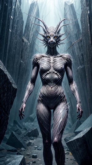 In a bewildering dystopian crystal crawler, a creature with an intricate body made entirely of shimmering crystalline structures navigates through a desolate landscape. The portrait panoramic photograph portrays this otherworldly being in exquisite detail, capturing every facet of its translucent body that refracts light with an ethereal glow. The image showcases the creature's multi-jointed limbs gracefully skimming the ground, an eerie contrast to its jagged and fragmented appearance. The high-resolution capture allows viewers to appreciate the astonishing craftsmanship of the crystals, conveying a sense of enchantment despite the post-apocalyptic aura that surrounds the scene.
