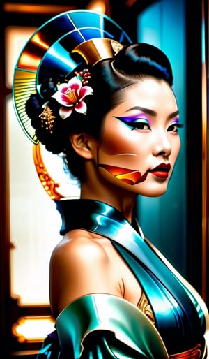 Professional photo of Art Deco Geisha. Inspired by St. Jinx’s. Art Deco meets Japanese Ukiyo-e. alcohol ink , detailed portrait of Art Deco young caucasian Geisha. Waist up. By Dreamer. detailed face. dark fantasy. apocalypse.  Art deco ambience,  realistic. Art deco clothing design.  ultra wide angle lens ,glowing , HDR. Vilhelm Pedersen,digital illustration. Extreme camera angle.  Broken Glass effect, art deco. stunning, something that even doesn't exist, mythical.  energy, molecular, textures, iridescent and luminescent outfit, breathtaking beauty, pure perfection, divine presence, Volumetric light, auras, rays, vivid colors. High contrast. Centered.,detailmaster2