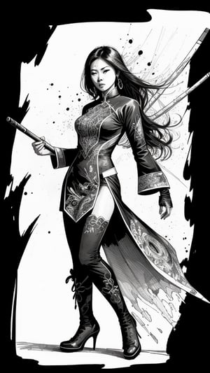 Ink drawing of Vietnamese superheroine, moden ao Dai, full body, Peter Draws, digital illustration, comic style, Dong Son drum patterns background, black and white contrast.perfect anatomy, centered, dynamic, highly detailed, watercolor painting, artstation, concept art, smooth, sharp focus, illustration, art by Carne Griffiths and Wadim Kashin ,