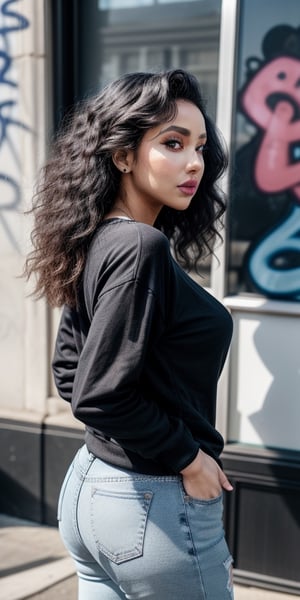 a woman standing in a room holding a purse, inspired by Briana Mora, instagram, graffiti, nicki minaj curvy, wearing a dark shirt and jeans, blue sweater, frontal pose, black outline, black black black woman, queen, real life size, wearing sweatshirt, side pose, thot, image, profile pic, satisfied pose, profile image, jeans and t shirt