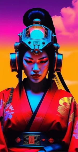 lethal geisha cyborg assassin wearing hooded kimono & armor, danger, red-yellow sky, post apocalyptic art, neon horror, sci-fi, glitchcore, cgsociety, modern european ink painting, androgynous, mixed media, dystopian art, black and Neon cosmic art, analog horror, nightmarefuel, space punk, glitchcore, hauntingly beautiful, beautifully ominous. A world class female cyborg in stunning HD, world class art, unique, modern masterpiece, exceptional, exquisite, dark fantasy, apocalypse art, calotype,detailmaster2,FilmGirl,aw0k euphoric style