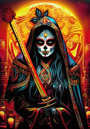 Design a unique and striking representation of Santa Muerte that captures her mystical essence and power. Use vibrant colors and intricate details to create a work of digital art that inspires a deep sense of respect and fascination for this iconic figure of Mexican culture. ",HellAI,monster,fire,skull, lethal geisha cyborg assassin wearing hooded kimono & armor, danger, red-yellow sky, post apocalyptic art, neon horror, sci-fi, glitchcore, cgsociety, modern european ink painting, androgynous, mixed media, dystopian art, black and Neon cosmic art, analog horror, nightmarefuel, space punk, glitchcore, hauntingly beautiful, beautifully ominous. A world class female cyborg in stunning HD, world class art, unique, modern masterpiece, exceptional, exquisite, dark fantasy, apocalypse art, calotype