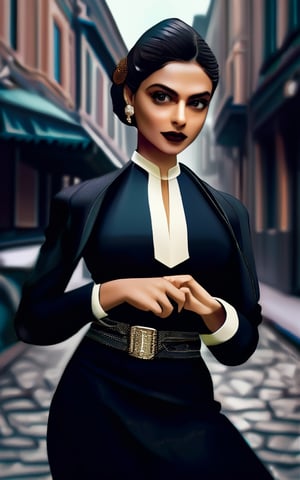 a hyper realistic ultra detailed photograph of a beautiful Deepika Padukone as a female 1900s mafia gangster on the street of 1900s Birmingham, detailed symmetric beautiful hazel eyes, detailed gorgeous face, peaky blinders environemt, polaroid style vintage photograph, trending on cg society, bauhaus, bulgari, beige and dark atmosphere, official valentino editorial, moonlight, medium symmetry, neoprene, behance contest winner, portrait featured on unsplash, stylized digital art, smooth, ultra high definition, 8k, unreal engine 5, ultra sharp focus, award-winning photograph, Canon EOS 5D Mark IV DSLR, f/8, ISO 100, 1/250 second, TanvirTamim, trending on artstation, by artgerm, h. r. giger and beksinski, highly detailed, vibrant