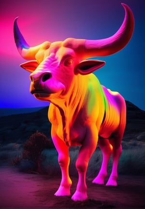 In a surreal display of colors and emotions, a peculiar zenithal minotaur stands out against a vibrant backdrop. This mesmerizing photograph captures the creature in its prime, illuminated by a celestial light from directly above. The minotaur's body is adorned with a myriad of pop colors, blending electric blues with neon oranges and whimsical pinks. Its intimidating presence contrasts with the whimsy of its appearance, creating a captivating visual juxtaposition. This high-quality photograph invites viewers to explore the enigmatic world where fantastical creatures roam.

