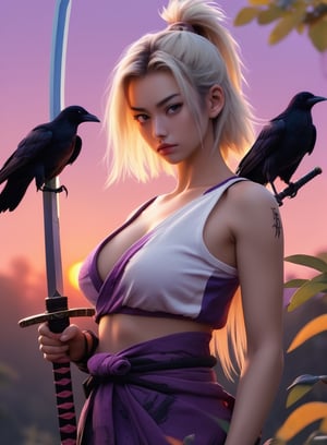 samurai, sword, sunset, very detailed, purple and shadow, crows, no face a woman in a white tank top posing for a picture, dating app icon, lot of exotic vegetation, tiktok video, blonde woman, commercial banner, russian academic, lady dimitrescu, extreme lifelike, overlay, call now, big bust, many hearts, hololive, [ [ soft ] ]