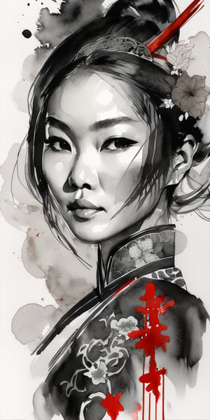zoomed out Ink drawing of Vietnamese head lady, moden ao Dai, Peter Draws, digital illustration, comic style, Dong Son drum patterns background, black and white contrast.perfect anatomy, centered, dynamic, highly detailed, watercolor painting, artstation, concept art, smooth, sharp focus, illustration, art by Carne Griffiths and Wadim Kashin , red accent

