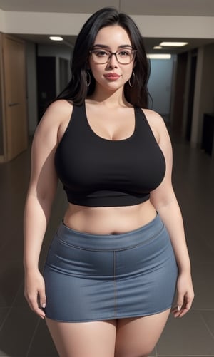 a woman with glasses and a blue tank top, and a very tight mini skirt, with big breasts, super realistic photo, symmetrical proportions, tiktok, looks like Laura Barriales, photoshopped, broadcast on Twitch, inspired by Emerson Silva, hair black to the waist, half human and half robot, highly voted, extremely chubby, Peruvian