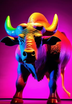 In a surreal display of colors and emotions, a peculiar zenithal minotaur stands out against a vibrant backdrop. This mesmerizing photograph captures the creature in its prime, illuminated by a celestial light from directly above. The minotaur's body is adorned with a myriad of pop colors, blending electric blues with neon oranges and whimsical pinks. Its intimidating presence contrasts with the whimsy of its appearance, creating a captivating visual juxtaposition. This high-quality photograph invites viewers to explore the enigmatic world where fantastical creatures roam.

