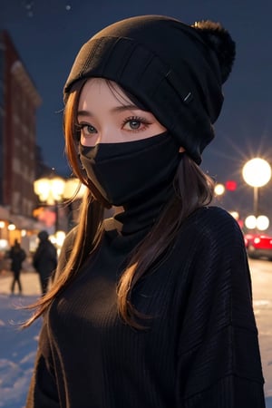 face focus, cute, masterpiece, best quality, 1girl, Niqab, sexy sweater, looking at viewer, hot upper body, beanie, outdoors, night, turtleneck