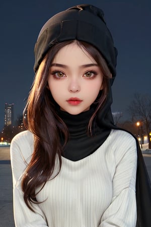 face focus, cute, masterpiece, best quality, 1girl, Niqab, sexy sweater, looking at viewer, hot upper body, beanie, outdoors, night, turtleneck