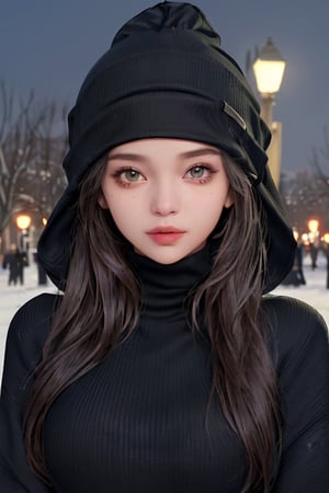 face focus, cute, masterpiece, best quality, 1girl, Niqab, sexy sweater, looking at viewer, hot upper body, beanie, outdoors, night, turtleneck