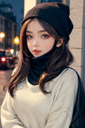 face focus, cute, masterpiece, best quality, 1girl, Niqab, sexy sweater, looking at viewer, hot upper body, beanie, outdoors, night, turtleneck