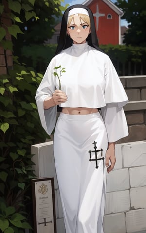 Nun, Church_background,battle_damage,eyes_green,exposed_midriff, 1_girl, smoking,cougar_(mature), mature_female, mature_woman, milf, tan_body,blond-hair,long-hair,curly_hair,hyper_muscular, abs, toned, muscles