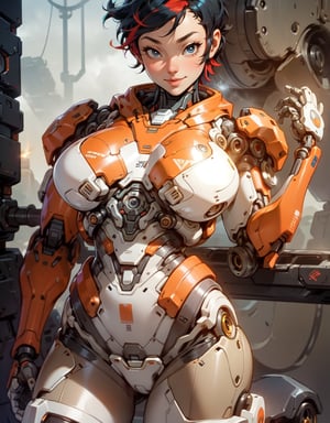  1 girl , Large sweet smile , Full body , cute girl , pretty black eyes , (multicolored hair:1.2) white and black , short Pixie hair , black cyborg body , Sci-fi , ultra high res, futuristic , {(little robot)}, {(solo)}, upper body , {(complex, Machine background ,Grand Canyon type background, Mecha Transport parts)} , (bubbles),