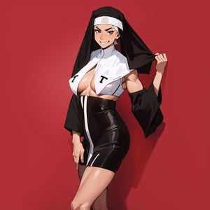 older_female,Nun, black_uniform, soccer_field, cheeky Grin, sweating_profusely,exposed_midriff, 1_girl,cougar_(mature), mature_female, mature_woman, milf,white_hair,short-hair,unkempt_hair,hyper_muscular, abs, toned, muscles,SAM YANG