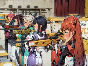 5 girls lined up aiming rifles at indoor shooting range ,they  multicolored_hair styles , cute girls , proper pretty side face profiles , calm serious faces , short Pixie hair , appendages in matching pairs , proper cyborg bodies , proper robot hands , Sci-fi, ultra high res, futuristic , {(little robot)}, {(solo)}, full body , {(complex, Machine background ,spaceship interior background, Mecha Transport parts)}