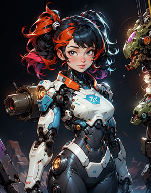  1 girl , Large sweet smile , Full body , cute girl, pretty black eyes, (multicolored hair:1.2) blue and blackCurly twintail hair , black cyborg upper body , Sci-fi, ultra high res, futuristic , {(little robot)}, {(solo)}, upper body , {(complex, Machine background ,Grand Canyon type background, Mecha Transport parts)} , ,(bubbles)