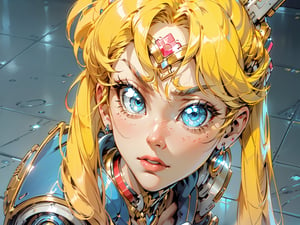  1 girl , face close up cute girl, pretty blue eyes , Sailormoon , angry face , open lips , Red collar , Blond Sailormoon hair , Sci-fi, ultra high res, futuristic , {(little robot)}, {(solo)}, Cyborg Shoulders , {(Bluish tile floor background ,)}