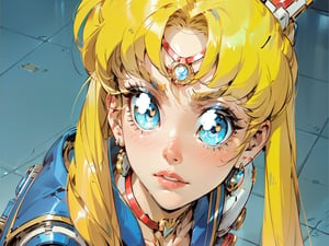  1 girl , face close up cute girl, pretty blue eyes , Sailormoon , angry face , open lips , Red collar , Blond Sailormoon hair , Sci-fi, ultra high res, futuristic , {(little robot)}, {(solo)}, Cyborg Shoulders , {(Bluish tile floor background ,)}