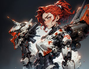  1 girl , Pilot , cute girl, proper pretty red eyes, side profile angry face looking at camera , Ponytail Scarlet hair , blood stains , black cyborg upper body , arms holding large grey advanced rifle pointed to side , Sci-fi, ultra high res, futuristic , {(little robot)}, {(solo)}, upper body , {(complex, Machine background , outdoors headless walker canon arms Mecha in alien dessert planet background, Mecha Transport parts)} , Grey Rifle in hand ,