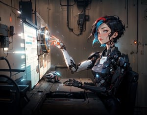  1 cyborg girl interacting with floating display  ,cute girl, pretty eyes , Grey Pupils , calm face , cute smile , Short Pixie Hair , multicolored hair Black with red streaks , Sci-fi, ultra high res, futuristic , {(little robot)}, {(solo)}, upper body , {(Indoors complex Sci-Fi background ,spaceship wall interior background, Mecha parts)},MetalAI