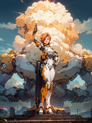 A Cyborg Lady holding a super bright torch standing on top of steps among clouds , cheeky grin , Duo colored hair , short Ginger with blond Pixie hair , appendages in matching pairs , proper cyborg bodies , proper robot hands , Sci-fi, ultra high res, futuristic , {(little robot)}, {(solo)}, full body , {(complex, Sci-Fi background ,Shy outdoor, Mecha Transport parts)}