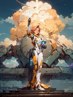 A Cyborg Lady holding a super bright torch standing on top of steps among clouds , cheeky grin , Duo colored hair , short Ginger with blond Pixie hair , appendages in matching pairs , proper cyborg bodies , proper robot hands , Sci-fi, ultra high res, futuristic , {(little robot)}, {(solo)}, full body , {(complex, Sci-Fi background ,Shy outdoor, Mecha Transport parts)}