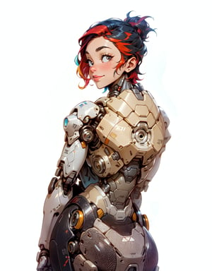 1 girl , Large sweet smile , Full body , cute girl , pretty black eyes , (multicolored hair:1.2) white and black , short Pixie hair , black cyborg body , Sci-fi , ultra high res, futuristic , {(little robot)}, {(solo)}, upper body , {(complex, Machine background ,Grand Canyon type background, Mecha Transport parts)} , (bubbles),