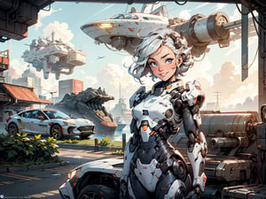 Sci-Fi , 1 pretty cyborg Girl with cheeky grin . Weather is clear almost sunset  . Background has sports car and 2 floating ships ,{(little robot)}, {(solo)}, upper body , {(complex, Machine background ,futuristic car and floating ships outdoors background, Mecha Transport parts)}