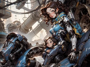  1 girl , Large sweet smile , Cyborg body Mona Lisa pose , cute girl, pretty black eyes, Curly Mona Lisa Hair hair , black cyborg upper body , Sci-fi, ultra high res, futuristic , {(little robot)}, {(solo)}, upper body , {(complex, Machine background ,Grand Canyon type background, Mecha Transport parts)} , ,(bubbles)