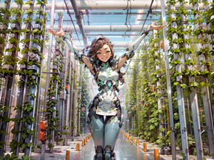  1 cute cyborg girl with arms up, pretty eyes , Green Pupils , cute face , cheeky Grin , Sci-fi, ultra high res, futuristic , {(little robot)}, {(solo)}, upper body from knees , {(Huge Vertical farming vegetables background ,Sci-Fi Tech parts in background, Mecha parts)}