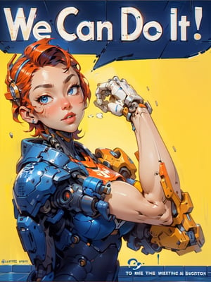 White text on blue speech bubble on top says We Can Do It! Upper Body of Pretty Cyborg Girl with red headgear , black short hair and blue cyborg body  flexing right arm left hand on right shoulder . {(little robot)}, {(solo)}, Cyborg Shoulders , {(Bluish tile floor background ,)}