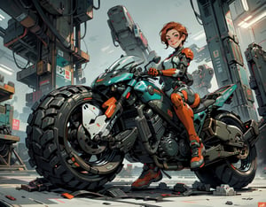 1 cute cyborg girl holding Huge futuristic Gun with right Hand , left hand on bike throttle riding on stopped super futuristic motorcycle , multicolored_hair Orange & Blond  , cute girl, proper pretty eyes, shy blush and cheeky grin , short Pixie hair , cyborg appendages in matching pairs , proper robot Sneakers , proper robot hands , Sci-fi, ultra high res, futuristic , {(little robot)}, {(solo)}, full body , {(complex, Machine background ,spaceship interior background, Mecha Transport parts)},LaraWaifu face ,