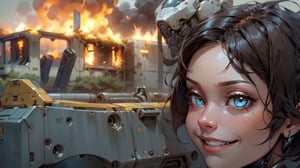 1 little girl face , Burning Building in the background , proper pretty eyes looking at camera , cheeky evil grin , short Pixie hair , Face close up , Sci-fi, ultra high res, futuristic , {(little robot)}, {(solo)}, Loli Face , {(complex, Machine background ,spaceship Exterior background, Mecha Transport parts)},PinchingPOV