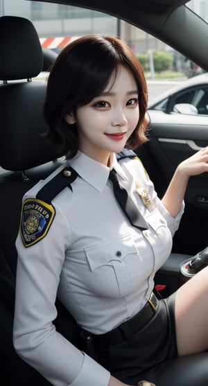 centered, Kimtaeyeon, pure face, beautiful face, smile, short_hair, police_uniform,driving police car,big_boobs
