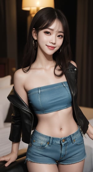 centered, Kimtaeyeon, pure face, beautiful face, smile, long messy hair, strapless tube_top, leather jacket, navel, midriff, open denim shorts, hotel room, bokeh, depth of field, | hyperelism shadows, ,cowboy_position

