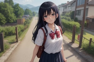 Create heartwarming AI illustrations of an anime school girl walking home from school with a bag in hand. The images should capture the essence of youthful innocence and joy, resonating with the charm and nostalgia of classic anime scenes. Render the illustrations in high-resolution 4K or 8K, allowing every detail of the character's design, outfit, and surroundings to be vivid and highly detailed. Embrace photorealistic and professional-grade anime art style, bringing out the character's emotions, expressions, and body language in a captivating manner. Use soft and natural lighting to create a warm and inviting atmosphere that complements the sense of a peaceful afternoon after a day at school. The character's school uniform, backpack, and other accessories should be designed with meticulous attention to detail, showcasing the intricacies of anime character art. Implement advanced 3D rendering techniques to add depth and realism to the surroundings, blending the girl seamlessly with the background environment. Incorporate a touch of magical realism or whimsical elements to enhance the storytelling and create an enchanting ambiance. Let the colors and textures evoke a sense of nostalgia and comfort, making the viewer feel like they are stepping into a heartwarming anime world. The prompt should inspire AI systems to bring forth images that evoke feelings of joy, innocence, and the simple pleasures of everyday life as an anime school girl walking home from school, 1girl,black_hair,long skirt