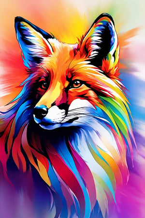 fox wit a rembow colorfull mane,art by sargent, thick line, careless line, long line, impressionist current, bright colors, semi abstract, inspired by envangog
