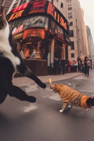 fight between a dog and a cat on a New York street, cinematic, epic frame, fisheye, 3d effect, blur, busy city, scared people, blurred background, skyscraper, pop culture