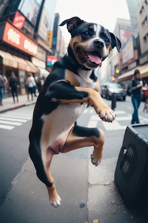 cute angry pit bull on a New York street, cinematic, epic frame, fisheye, 3d effect, blur, busy city, scared people, blurred background, skyscraper, pop culture, puppy, barking puppy, angry puppy, muscled puppy