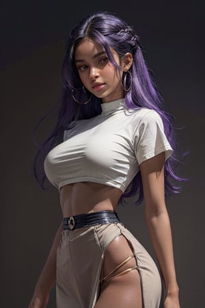 (1girl), (white crop-top t-shirt), ((large Breasts)), ((slim, skinny waist:1.2)), ((wide hips:1.6)), (grey backdrop), ((dark tan skin:1.5)), (long hair),((purple hair)), (((medieval era))), ((tow part dress)), (sexy dress) dutch angle, low camera angle, masterpiece, best quality, realistic, ultra highres, depth of field, (detailed face:1.2), (detailed eyes:1.2), (masterpiece:1.2), (ultra-detailed), (best quality), intricate, comprehensive cinematic, photography, (gradients), colorful, visual key, backlit