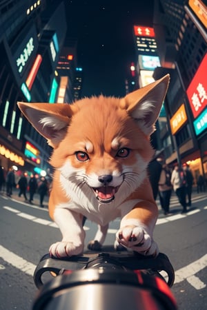 cute angry fox on a old  tokio, cinematic, epic frame, fisheye, 3d effect, blur, busy city, scared people, blurred background, skyscraper, pop culture, puppy, barking puppy, angry puppy, muscled puppy, at night, epic, zoom out, fish eye