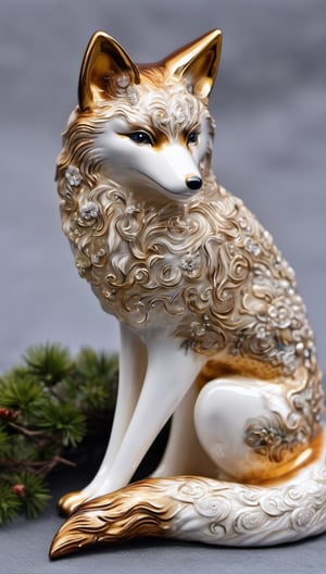 full body, ultra detailed porcelain japanice fox, soft texture, bichromatic, mithic creature, shiny texture, polished texture, small cracks, solemn, beast, robust, lurking