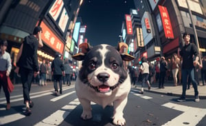 cute cow snake spirit from japanese folklore on a old inia, cinematic, epic frame, fisheye, 3d effect, blur, busy city, scared people, blurred background, skyscraper, pop culture, puppy, barking puppy, angry puppy, muscled puppy, at night, epic, zoom out, fish eye